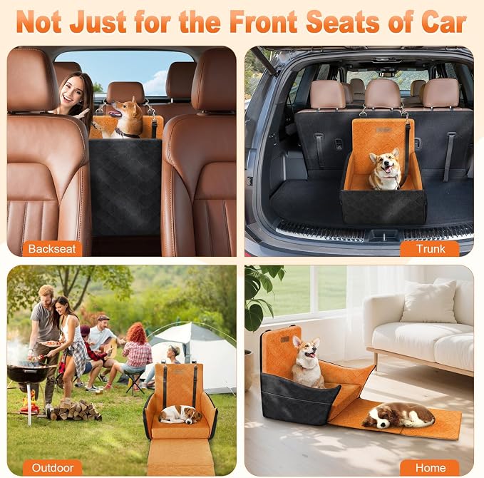 Elevated Dog Car Seat for Small and Medium Dogs Up to 35 lb | 4" High-Density Foam Dog Car Bed, 2 Storage Pockets,3 Safety belts,Fully Removable and Washable for Easy Care,Black+Brown