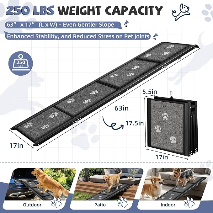 Dog Ramp for Car 63" Long & 17" Wide Portable Ramps for Large Dogs Non Slip Rug Surface Extra Wide Steps for SUV Camper Jeep and Truck Folding Pet Ramp Supports Up to 250LBS