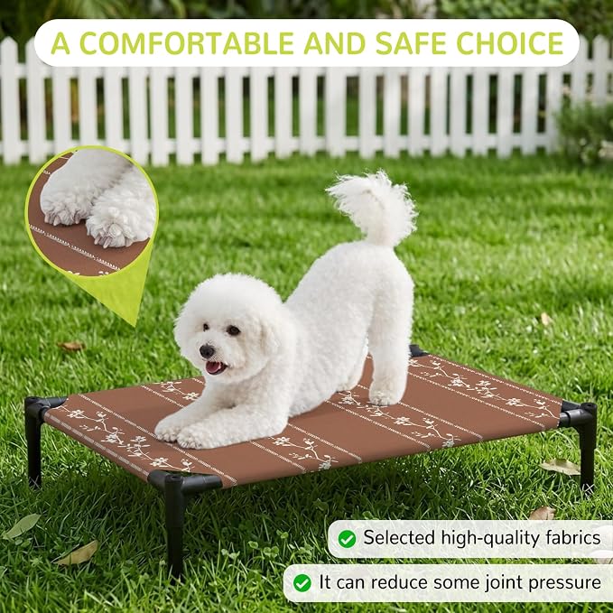 Outdoor Elevated Dog Bed for Medium Dogs, Brown Flowers Branch Breathable Cooling Raised Dog Cot for Indoor/Outdoor, Spring Summer Farmhouse Botanical Waterproof Elevated Pet Beds, M 24 x 20 in