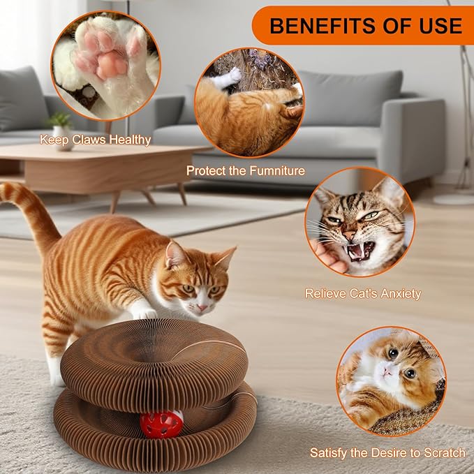 Magic Organ Cat Scratching Board with Bell-Ball, Durable Foldable & Reversible Infinity Style Interactive Kitty Kurlz Cat Scratcher for Indoor Cats Toy, Furniture Protector, Kitten Cats Accordion Toy