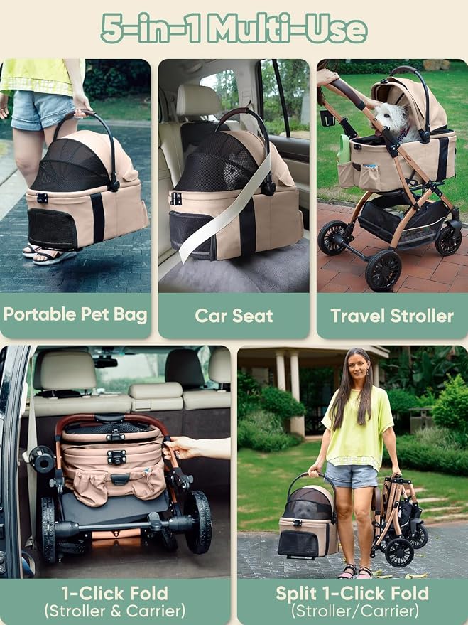 Small Dog Stroller, 5-in-1 Foldable Pet Stroller for Small Dogs Cats 10-20 lbs - 1-Click Fold Without Detaching Carrier, Removable Waterproof Carrier, All Terrain 4 Wheels for Outdoor Travel, Khaki