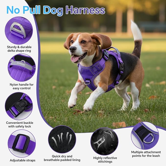 Heavy Duty Tactical Dog Harness for Small Dogs, No Pull Dog Harness with Handle & Front Clip, Reflective Soft Padded, Hook and Loop Panel, Dog Vest for Walking, Service Training, Purple