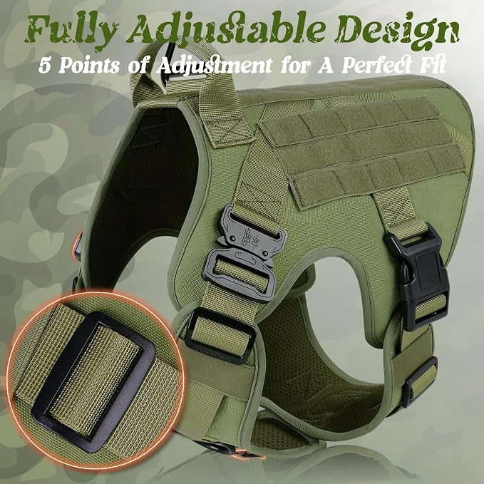 rabbitgoo Tactical Dog Harness for Medium, Heavy Duty Military No Pull Vest | Sturdy Metal Buckles, 5 Adjustments, Molle System, Powerful Pullers for Training, Hunting, Outdoor, Green, Medium