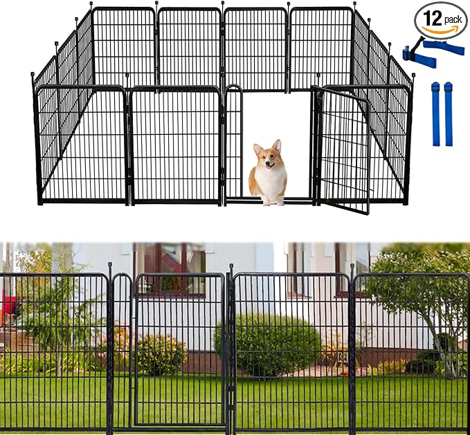 Okaygardn 32 in(H) Dog Fence Outdoor For Yard, 21 in Wide Low Threshold Gate, 12 Panels Total 26.6 Ft(L) Fencing For Garden Beds, Animal Barrier Fence, Dog Pen Indoor or Outdoor,Landscape Fence Border