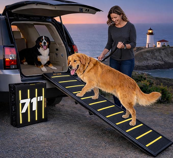 Pet Gear Tri-Fold Portable Pet Ramp for Dogs/Cats, 71", Yellow - Reflective | Extra Wide, Holds up to 200lbs, Compact/Easy Fold with Safety Tether