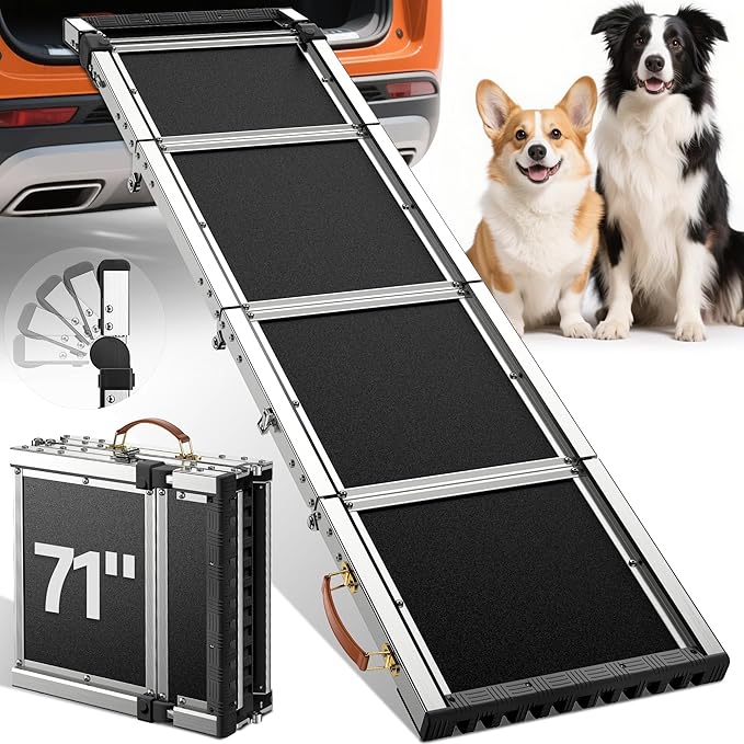 Extra Long 71”Dog Ramp for Car with Adjustable Head, Folding Pet Ramp for Large Dogs with Non-Slip Surface Dog Ramps Up to 200 lb for Car SUV Truck Bed Couch