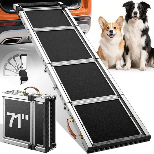 Extra Long 71”Dog Ramp for Car with Adjustable Head, Folding Pet Ramp for Large Dogs with Non-Slip Surface Dog Ramps Up to 200 lb for Car SUV Truck Bed Couch