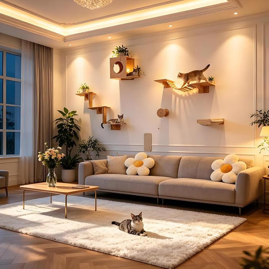 6 in 1 Solid Wood Cat Wall Shelves for Play & Rest, up to 33 lbs | Space-Saving, Cat Wall Furniture Set with Cat Bridge, Wall Condo, Hammock, Steps, Climbing Post & Scratching Pad