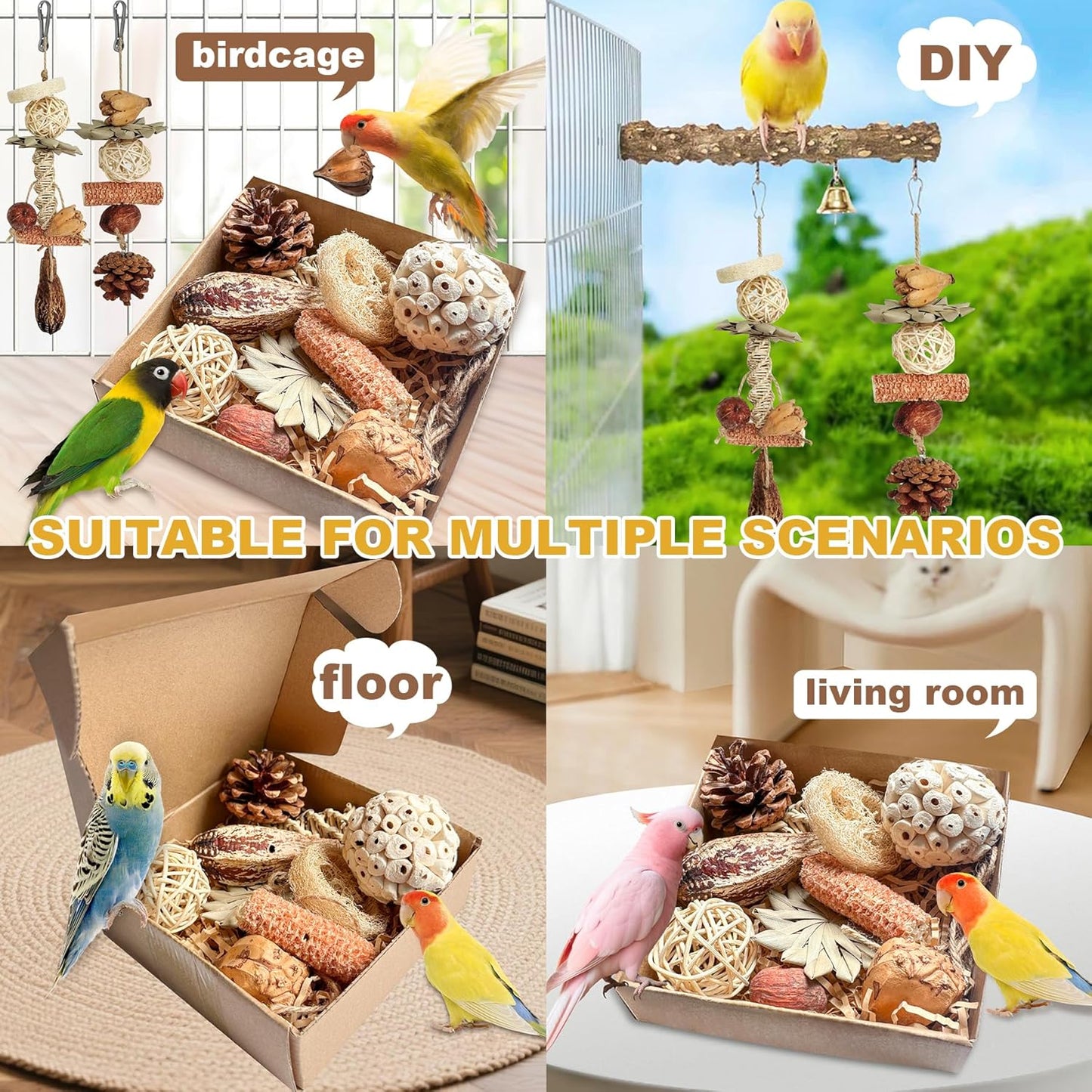 2 in 1 Parrot Toys, Tyotrbs Parakeet Foraging Box DIY Hanging String with Comes with 2 Hooks Bird Toy for Parakeets,Cockatiels,Conures,Love Birds Cage Accessories for Small to Medium Birds