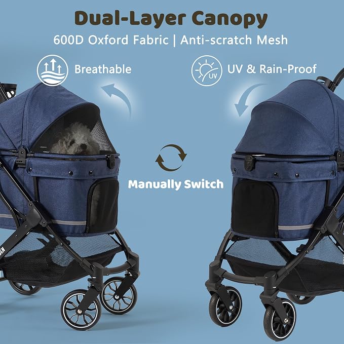 All-Terrain Dog Stroller for Small to Medium Dogs, Pet Stroller for Dogs & Cats Outdoor Walks, One-Hand Easy Fold, Double-Layer Anti-UV & Waterproof Canopy & Breathable Mesh, Midnight Blue