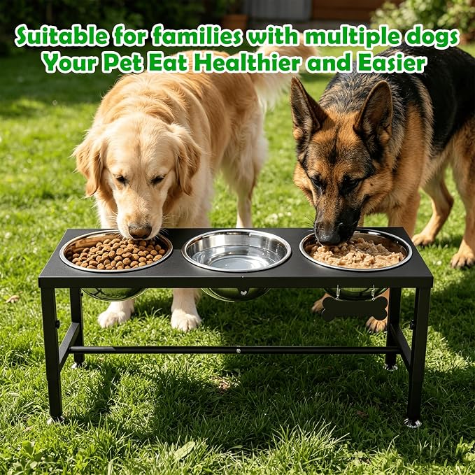 SHAINFUN Elevated Dog Bowl Stand for Large Dogs& Extra Large Dogs with 3 Bowls 101oz– 4 Adjustable Height Raised Pet Feeder with Anti-Spill Mat, Stainless Steel Food & Water Station
