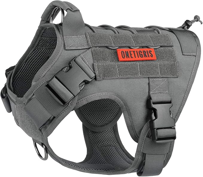 OneTigris Tactical Dog Harness No-Pull Service Vest for Small Medium Dogs | 1000D Pullable Nylon, with Control Handle and Hook & Loop Panels, Easy On & Off, Adjustable for Walking Training Gray M