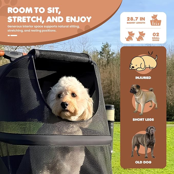 Premium Dog Stroller for Large Dogs, Pet Stroller with 5-Point Safety Harness, Foldable Dog Wagon, All-Terrain Wheels, Storage Basket & Cup Holder, Ideal for Senior & Recovering Pets, (Black & Grey)