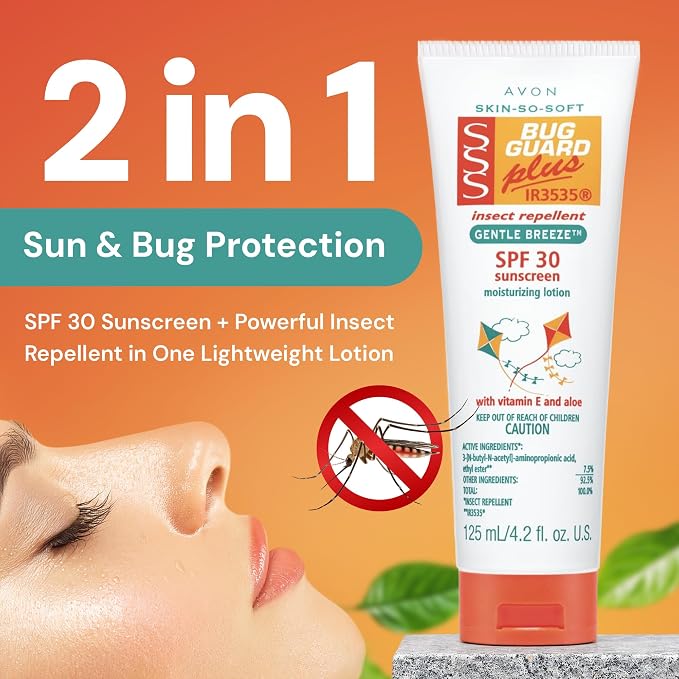 AVON Skin So Soft Bug Guard Plus IR3535 Insect Repellent Moisturizing Lotion — Gentle Breeze SPF 30 Lotion, 2-in-1 Sunscreen & DEET-Free Bug Repellent with Vitamin E & Aloe — Travel Size, 4.2 fl oz
