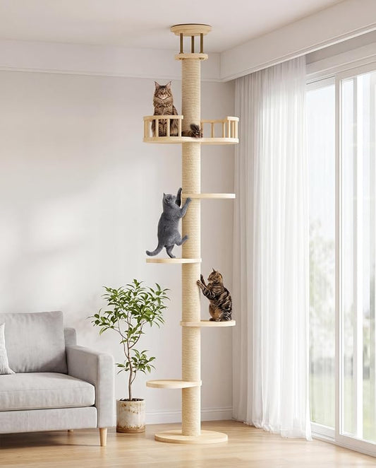 Wood Cat Climbing Furniture Set with Floor to Ceiling Cat Tree | 6 Tier Cat Tower Adjustable Height (95-110in) and Wall Mounted Cat Shelves, with Cat Scratching Post, House, Condo, Burlywood