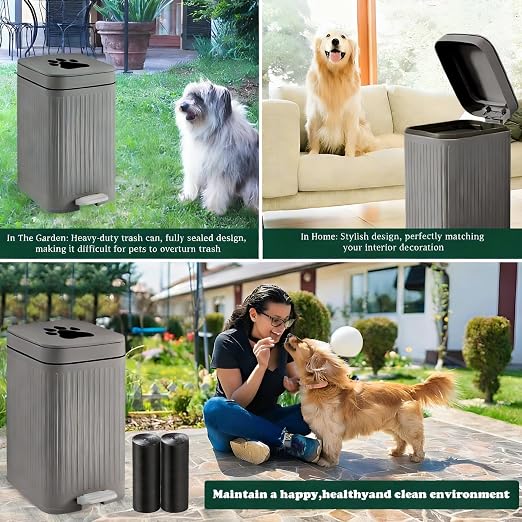 Dog Poop Trash Can Outside - 5L/1.3Gal Small Outdoor Trash Can with Lid | Outdoor Dog Poop Trash Can with Foot Pedal, Dog Waste Container with 40 Bags, Lid Soft Close for Pet, Gray