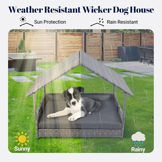 Wicker Dog House, Elevated Rattan Dog Bed with Canopy, Large Dog House Outdoor with Water Resistant Cushion, Outside Rattan Dog House for Dogs with Protective Cover, Grey