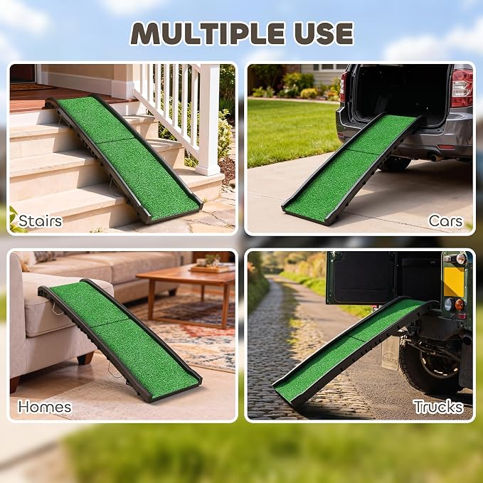 PawHut Folding Dog Ramp, 61 Inches Portable Pet Ramp with Grass Surface | for Car, Truck, SUV, Non Slip with Raised Side Rails
