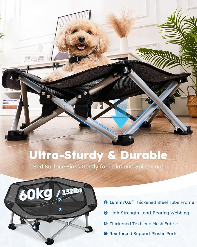 Pecute Raised Dog Bed with Cooling Mat, Elevated Pet Cot for Cats, M | Breathable Textilene Mesh, Outdoor Camping & Beach, Steel Frame,130 lbs Heavy Duty Support, Tool-free 3-second Quick Assembly