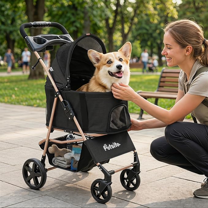 PETSITE 3-in-1 Pet Stroller for Small Medium Dogs, One-Click Foldable Dog Stroller with Detachable Carrier, Cup Holder & Storage Basket, Safety Leash, One-Step Rear Brake, Breathable Window (Black)
