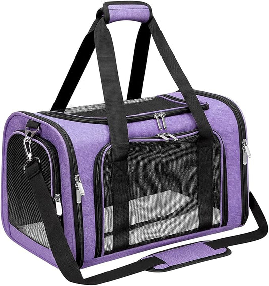 Soft-Sided Cat/Dog/Pet Carrier, Collapsible Pets Travel Carriers for Big Cats/Small Dogs with Shoulder Strap & Removable Mat, Mesh Puppy Carry Bag, Up to 25 Lbs(Purple)