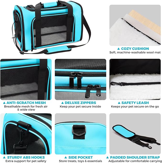 Soft-Sided Cat Carrier Expandable Pet Carrier Airline Approved Mesh Travel Carrier Up to 22lbs for Cats Small Dogs Collapsible Escape-Proof with Shoulder Strap Washable (20x13x13 Blue)