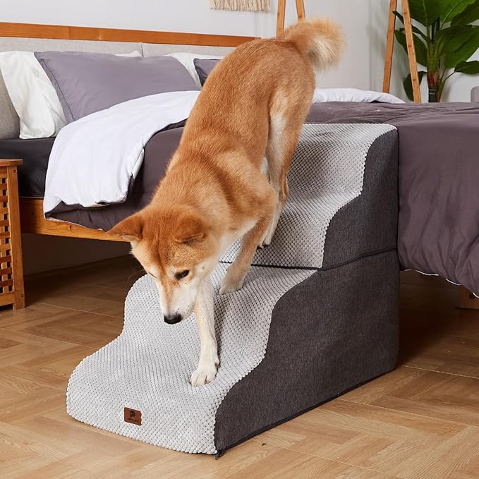 Pettycare Dog Stairs Ramp for High Beds and Couch,Curved Dog Steps for Small Pets, Pet Stairs Non-Slip Balanced Portable Puppy Ramp Indoor, 4 Steps,Grey