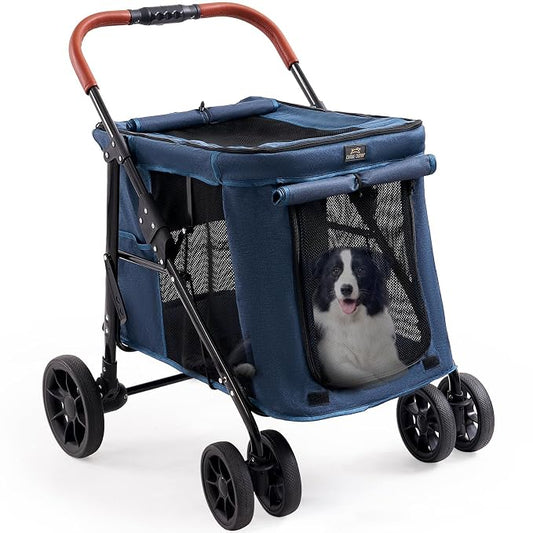 CANINE CANYON Scout Pet Stroller, Heavy Duty Dog Stroller for Large/Medium Dogs, Foldable Pet Stroller for 2 Small Dogs with All-Terrain Wheels, Storage Pocket & Cup Holder, 55 lbs Capacity, Navy Blue