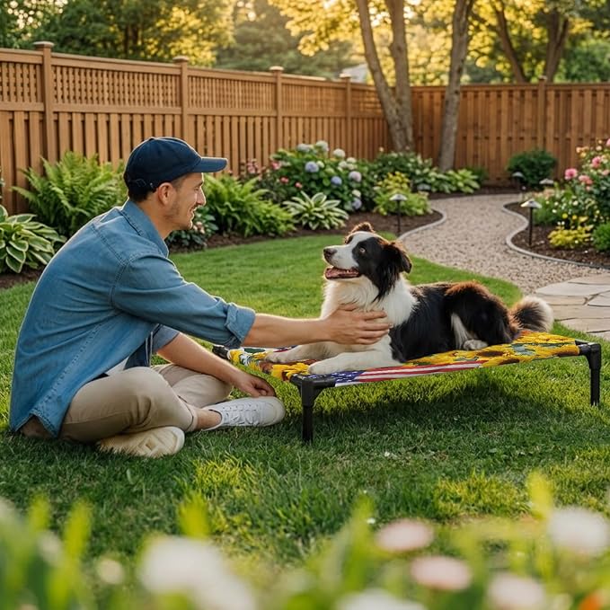 Outdoor Elevated Dog Bed for Medium Dogs, Sunflower Independence Day Breathable Cooling Raised Dog Cot for Indoor/Outdoor, 4th of July Rooster Wooden Waterproof Elevated Pet Beds, M 24 x 20 in