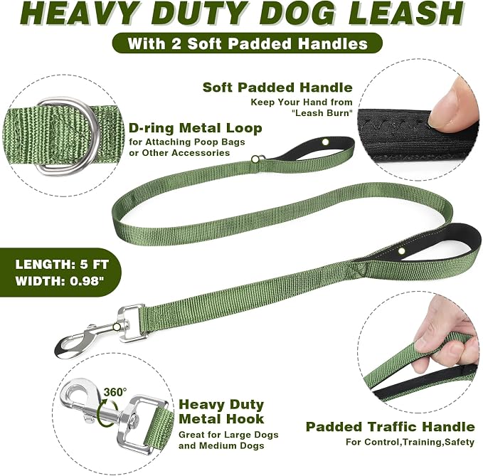 Service Dog in Training Vest and Leash Set+10 Patches,Escape Proof | Heavy Duty Tactical Dog Harness with Metal Buckles for Medium Sized Dogs,No Pull Front Back Clips,for Training Hiking,Green M