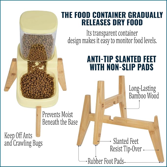 Elevated Dog Food Dispenser with Bamboo Stand for Medium Large Dogs - 4L 1 Gallon Gravity Dog Feeder - Raised Automatic Dog Food Bowl Station - Custom Fit Non Slip Anti Tip Non Wooble