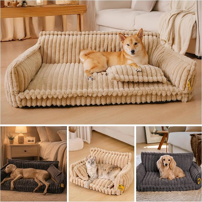 FUNNY FUZZY Dog Couch, Fluffy Orthopedic Supportive Pet Sofa Pillow, Grey | Supportive Small & Medium Dog Bed Washable Cover, Cozy Corduroy Flannel, Non-slip, Snoozy Dream 31.4"×22.4" Up to 25 Lbs
