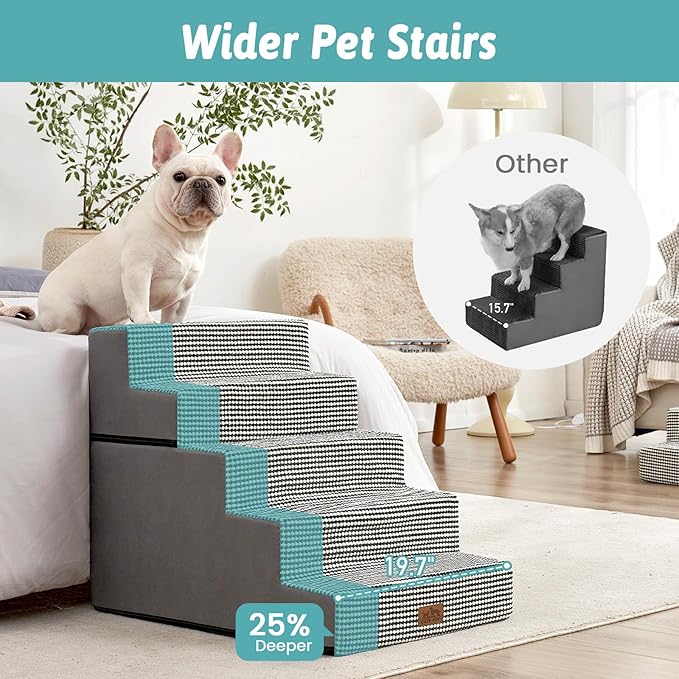Dog Stairs for Small Dogs, 5 Tier Removable Wider Pet Stairs for Couch and Bed, 23.6" H Non-Slip Dog Steps for Puppies and Old Cats with Support Board, 19.7x29.5x23.6 inch, White Black