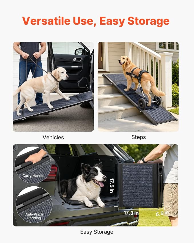 VEVOR Dog Ramp for Cars, 63" L x 17" W, Folding Pet Ramps for Medium & Large Dogs up to 250lbs, Pet Stair Ramp with Non-Slip Felt Rug Surface, Portable Outdoor Dog Car Ramps for SUV & Truck