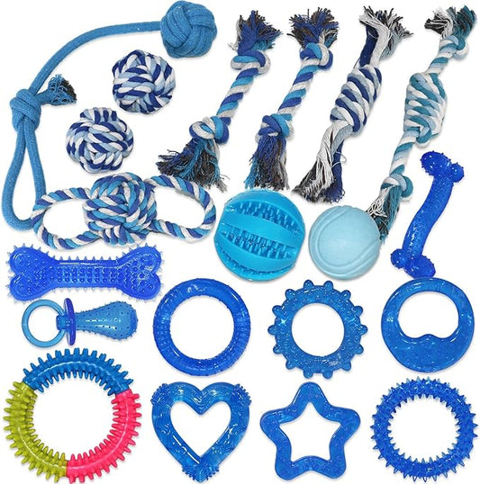 PawsAion 20 Pack Puppy Chew Toys for Teething & Fun (Chew Toys for Puppies 0-6 Months Bundle with Various Rubber Rings, Rope Toys and Balls for Interactive Play, Teeth Cleaning & Relief