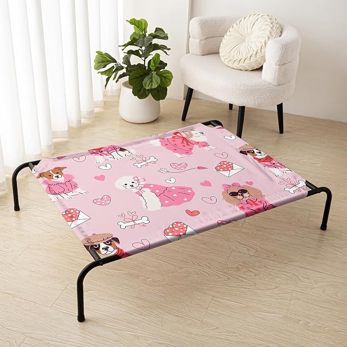 QOOMO Elevated Dog Bed with Cooling Fabric, Pet Cot for Small and Big Dogs, Indoor and Outdoor Use, Joint Relief, Cute Printed Cushion Included (Princess Dog, 47.24" L*31.89" W*9.45" Th)