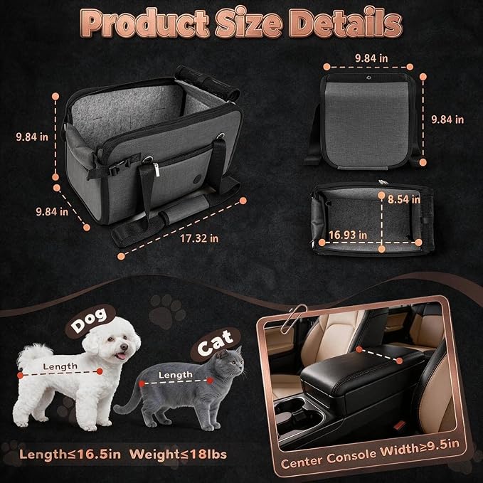 YUDODO Large Dog Car Seat for Center Console 10-18lbs, PU Booster Bed | Portable Puppy Cat Seat, Waterproof, Wipe Clean, Safe & Durable, Side Pockets, for Truck & SUV-Width>9.5in, Anti-Slip, Gray