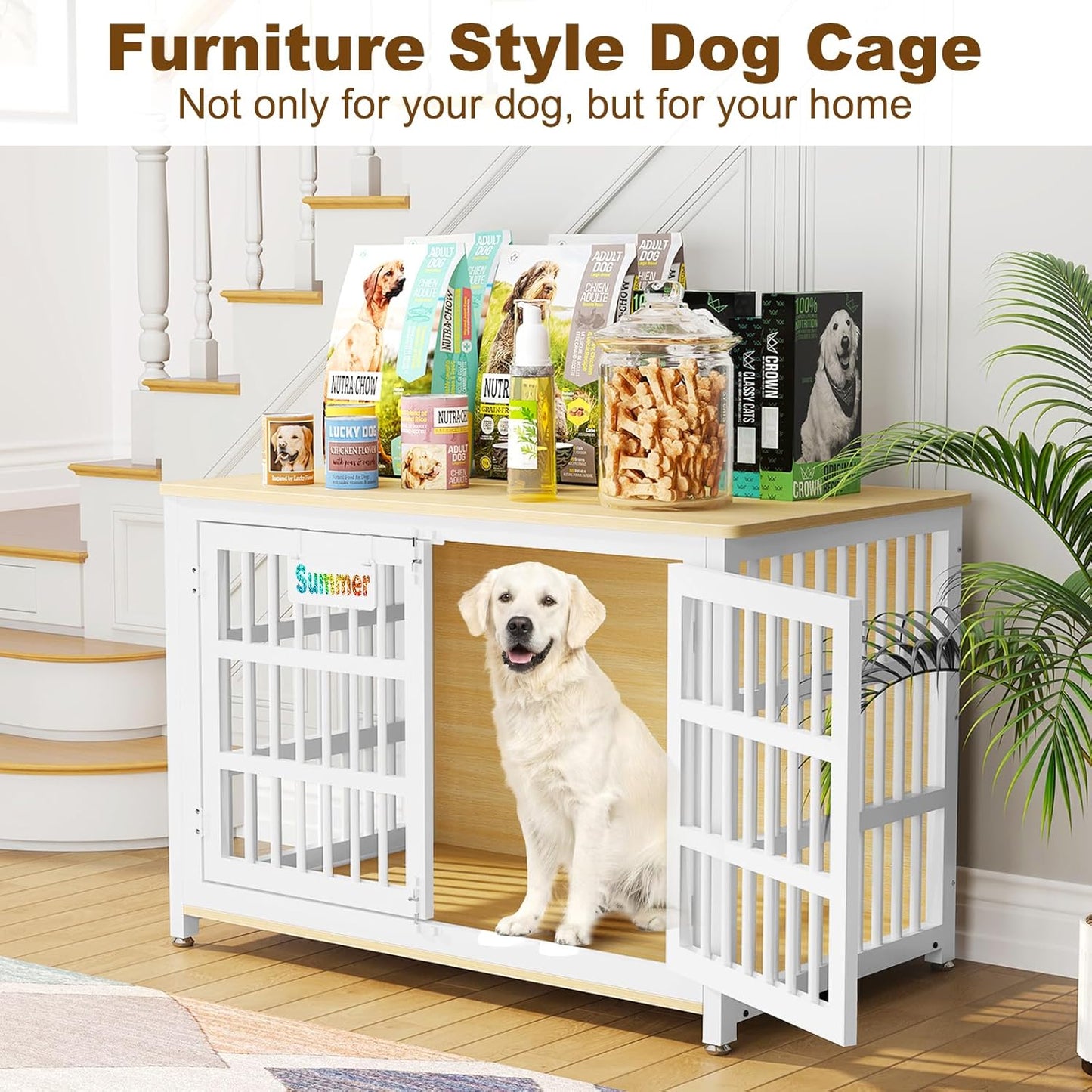 EasyCom Heavy Duty Dog Kennel Indoor with Name Tag, XL Dog Crate Furniturefor Large and Medium Dogs, Double-Doors Sturdy Dog Cage for Anxiety Dog, Decorate House as TV Stand, End Table, Bedside Table