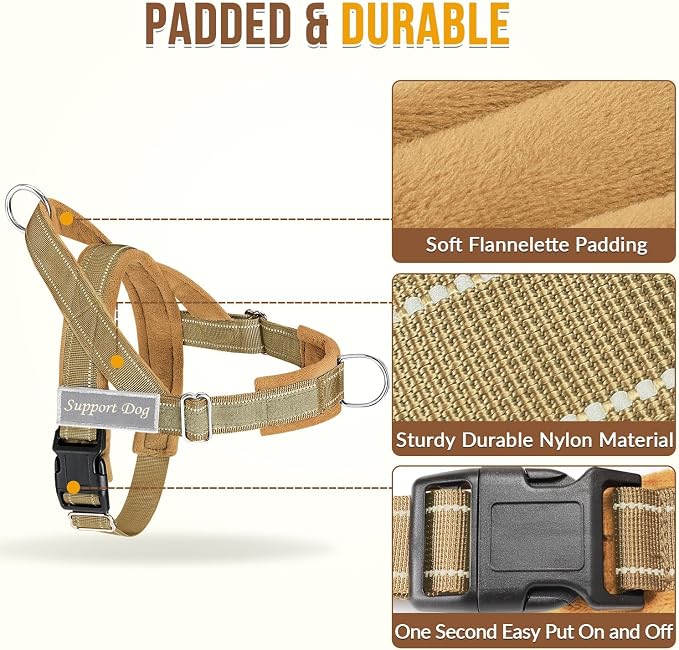 SlowTon No Pull Dog Harness with Front Clip - Heavy Duty, Soft Padded | Neck & Chest Adjustable, Tactical Pet Vest and Leash Set for Large Medium Sized Dogs, for Easy Walk & Training, Tan L