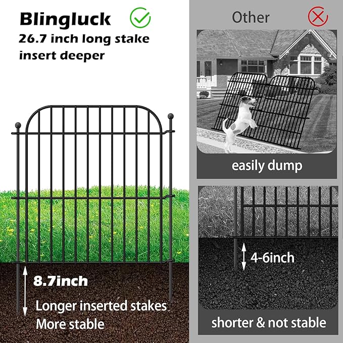 5 Panels No Dig Decorative Garden Fence for Yard, 24 in(H) x 10 ft(L) Rustproof Metal Wire Fence Border with Patio Temporary Ground Stakes, Animal Barrier Fencing for Dog and Small Pets