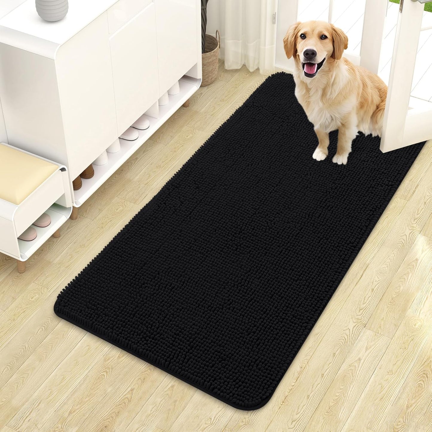 OLANLY Dog Door Mat for Muddy Paws 44x24, Absorbs Moisture and Dirt, Absorbent Non-Slip Washable Doormat, Quick Dry Chenille Mud Mat for Dogs, Entry Indoor Entryway Carpet for Inside Floor, Black
