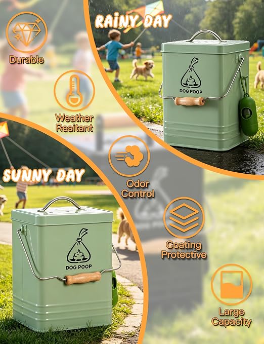 Dog Poop Trash Can Outside, Metal Pet Waste Trash Can with Lid & Handle, 5L/1.3Gal Dog Waste Station with Bag Holder & 30 Bags(Green)