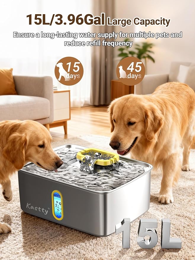 Kastty 4 Gal Dog Water Fountain for Large Dogs, 15L Stainless Steel Pet Water Fountain, QuietTriple Filtration Dog Water Bowl Dispenser with Water Level Window and LED Light Easy Clean(FS78,Yellow)