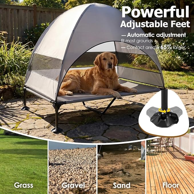 Elevated Dog Bed with UV-Proof Canopy, Outdoor Dog Tent with Powerful Adjustable Feet, Portable Pet Cot with Wider Shade, Raised Cooling Bed for Camping, Patio, Beach, Poolside