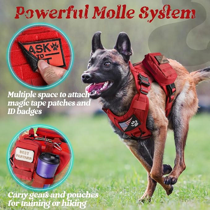 rabbitgoo Tactical Dog Harness for Large, Heavy Duty Military No Pull Vest | Sturdy Metal Buckles, 5 Adjustments, Molle System, Powerful Pullers for Training, Hunting, Outdoor, Red, Large