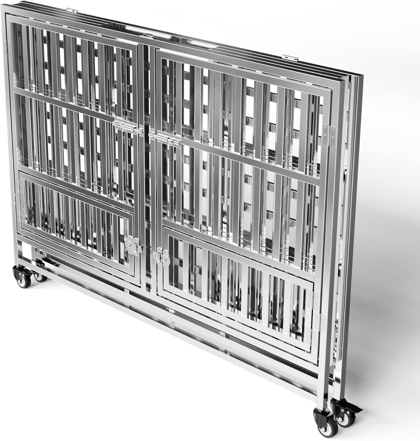 Collapsible Stainless Steel Dog Crate, 30" 37" 42" 48" Sizes, Lockable Wheel, with Tray, Stackable, Heavy Duty, Divider, Indoor and Outdoor (48insm)