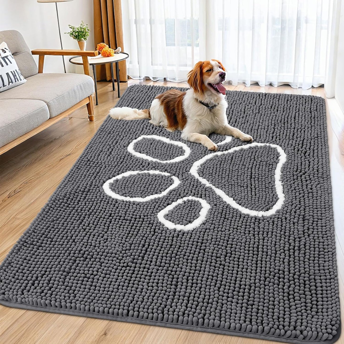 Smiry Dog Door Mat for Muddy Paws, Absorbent Dirt Trapper Non Slip Quick Dry Washable Chenille Mat for Mud Dogs, Entry Rug for Indoor and Outdoor (71x46 Inches, Dark Grey and White)