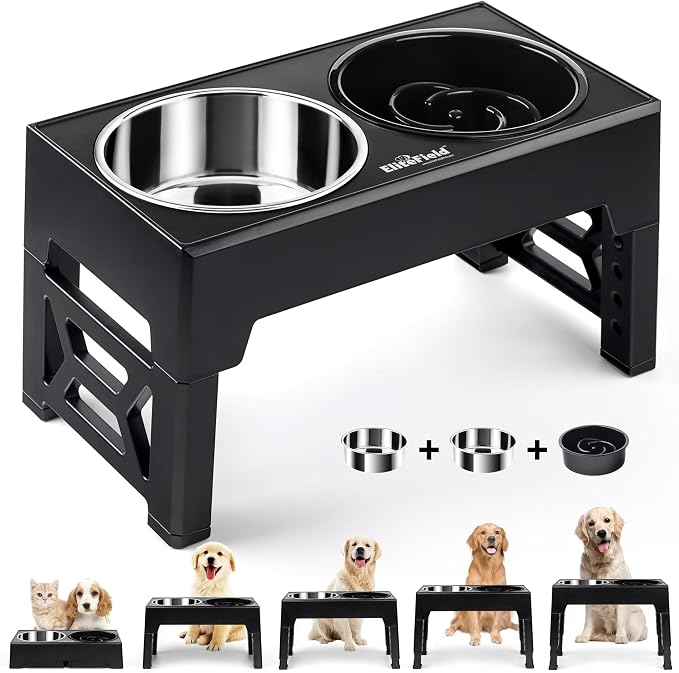 EliteField Elevated Dog Bowls, 2 Stainless Steel Bowls (2-Year Warranty) | 58 oz Bowls, 5 Adjustable Heights, Small to Large Dogs, Foldable, Dishwasher Safe, Anti-Slip Feet