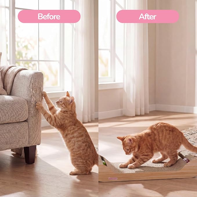 Rini 23.75" Modern Corrugated Cardboard Lounge Bed with Built-in Bell Toys and Catnip, Ergonomic Curved Sofa Scratcher for Indoor Cats, Oak Wood Finish, (Set of 2) CSR1003C-SET2