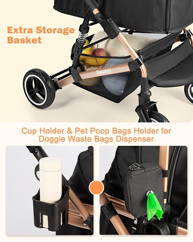 Dog Stroller for Medium Dogs Up to 52 Lbs, Cats Stroller for 2 Cats, 3 in 1 Pet Stroller with Bag Holder for Leashes, 3-Roll Poop Bags, 600D Waterproof Oxford Fiber, Adjustable Handle (Black)